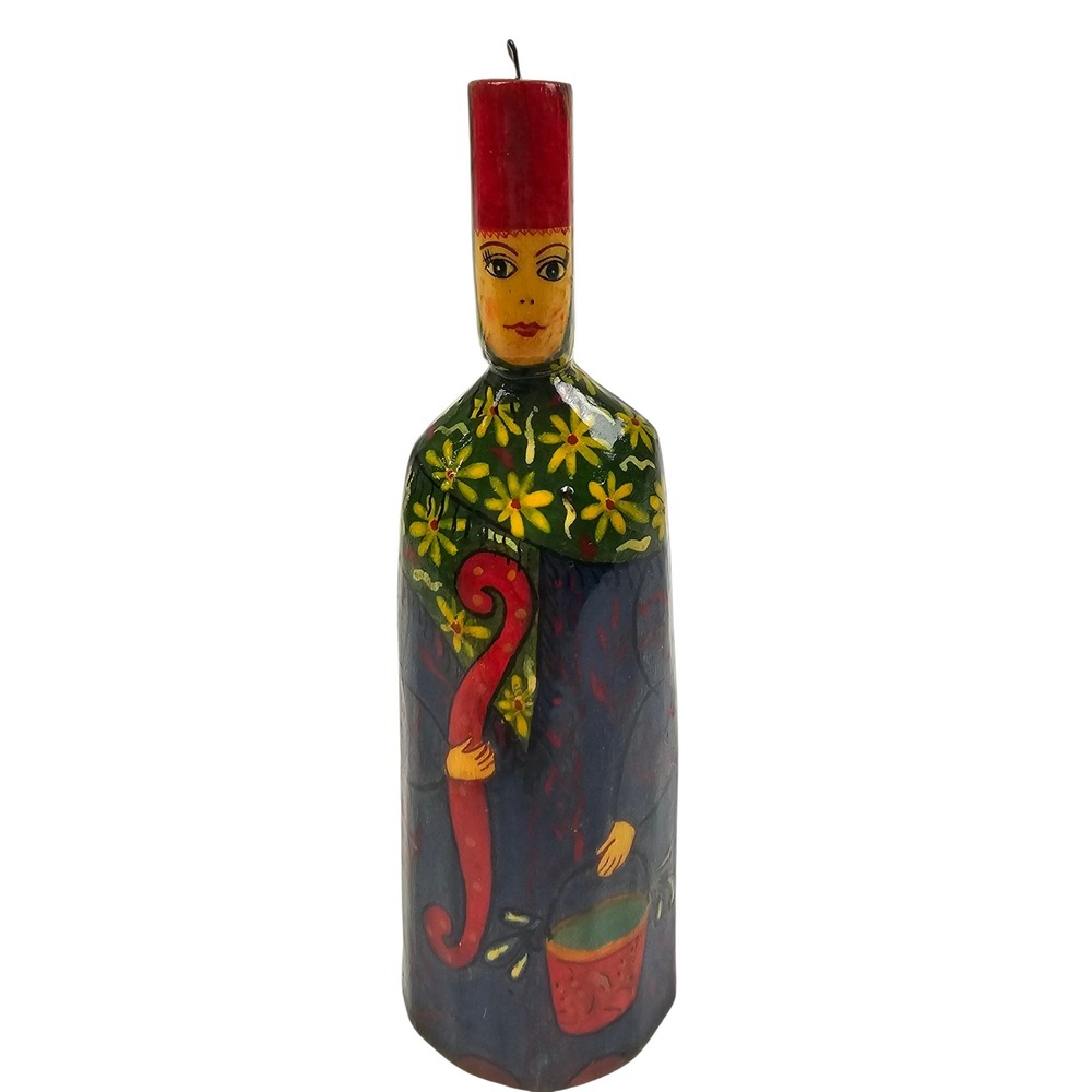 Vintage Russian Hand Painted Wooden Ornament Folk Art Woman 5.25 inch